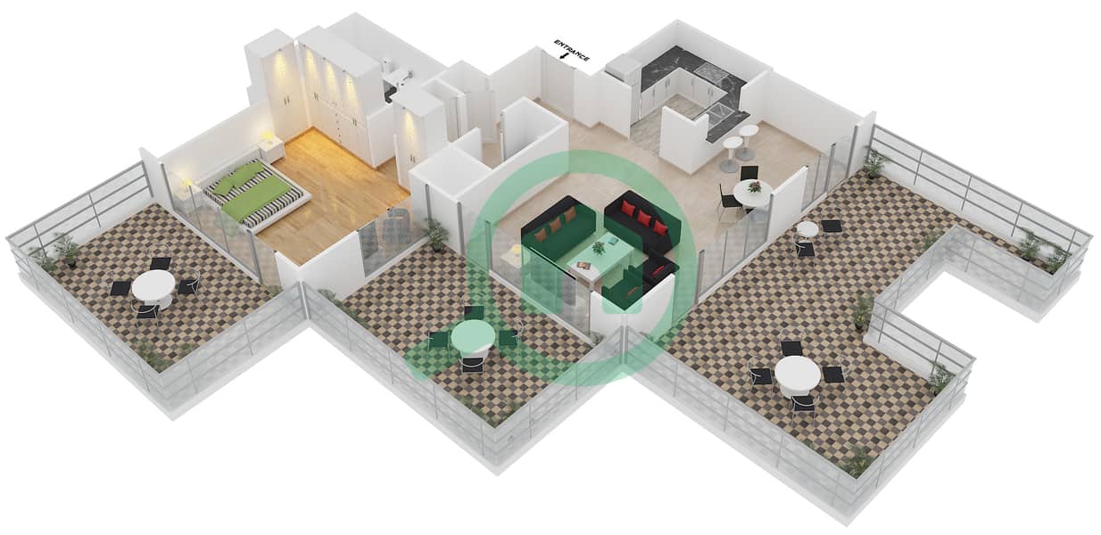29大道1号塔楼 - 1 卧室公寓套房2 FLOOR 33戶型图 interactive3D