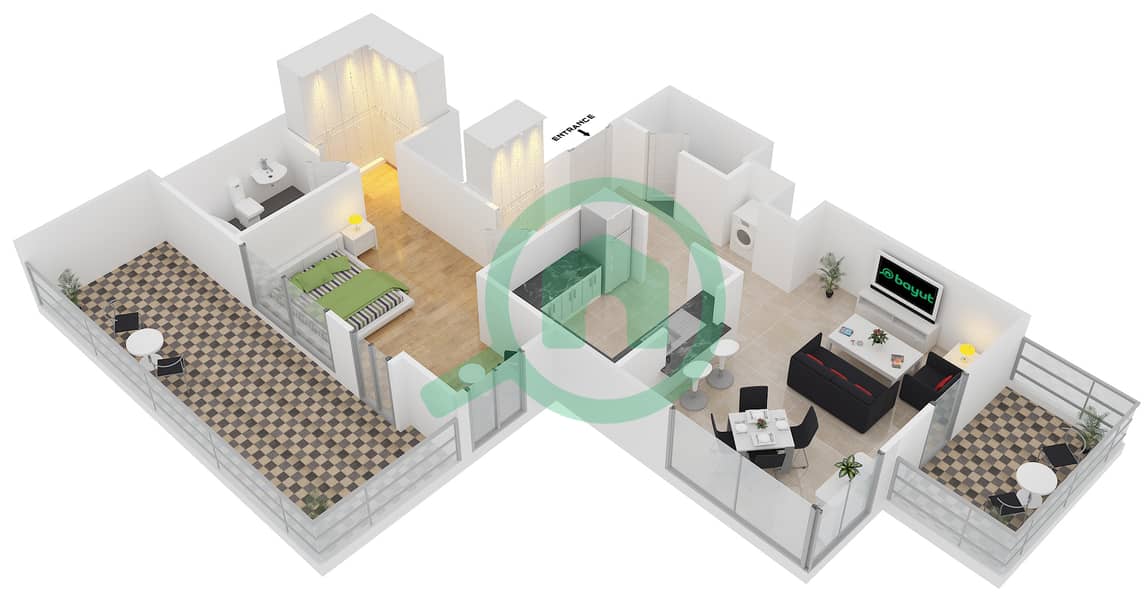 29大道1号塔楼 - 1 卧室公寓套房8 FLOOR 29戶型图 interactive3D
