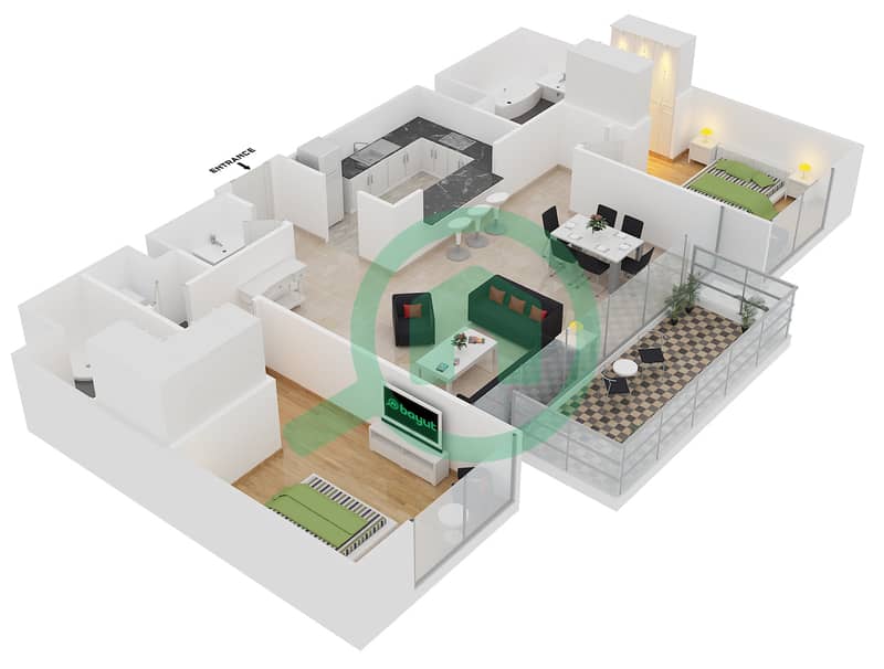المخططات الطابقية لتصميم الوحدة 3 FLOOR 17-20 شقة 2 غرفة نوم - بوليفارد بوينت interactive3D