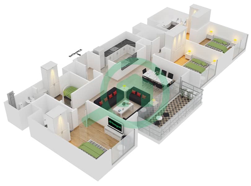 المخططات الطابقية لتصميم الوحدة 3 FLOOR 28-50,52-59 شقة 3 غرف نوم - بوليفارد بوينت interactive3D