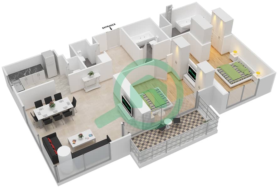 林荫道点大厦 - 2 卧室公寓单位5 FLOOR 16-26戶型图 interactive3D