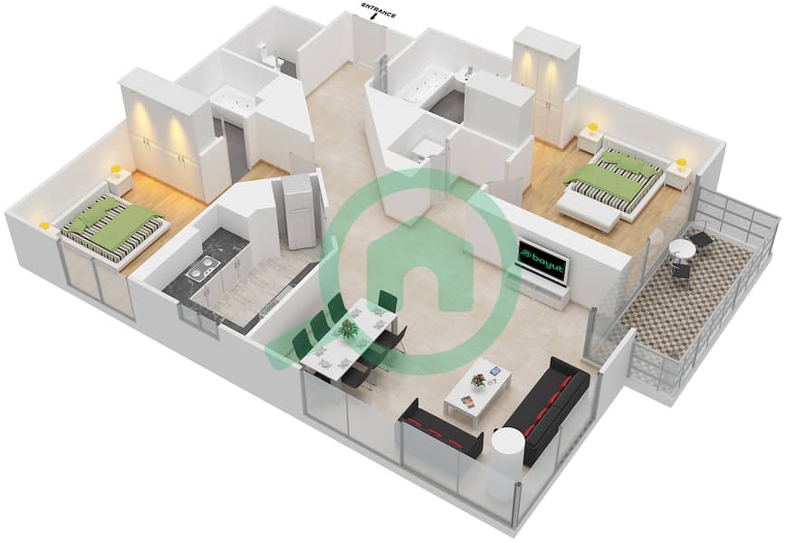 المخططات الطابقية لتصميم الوحدة 5 FLOOR 28-50,52-59 شقة 2 غرفة نوم - بوليفارد بوينت interactive3D