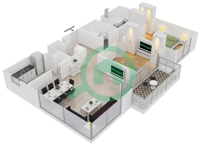 المخططات الطابقية لتصميم الوحدة 7 FLOOR 13-15 شقة 2 غرفة نوم - بوليفارد بوينت
