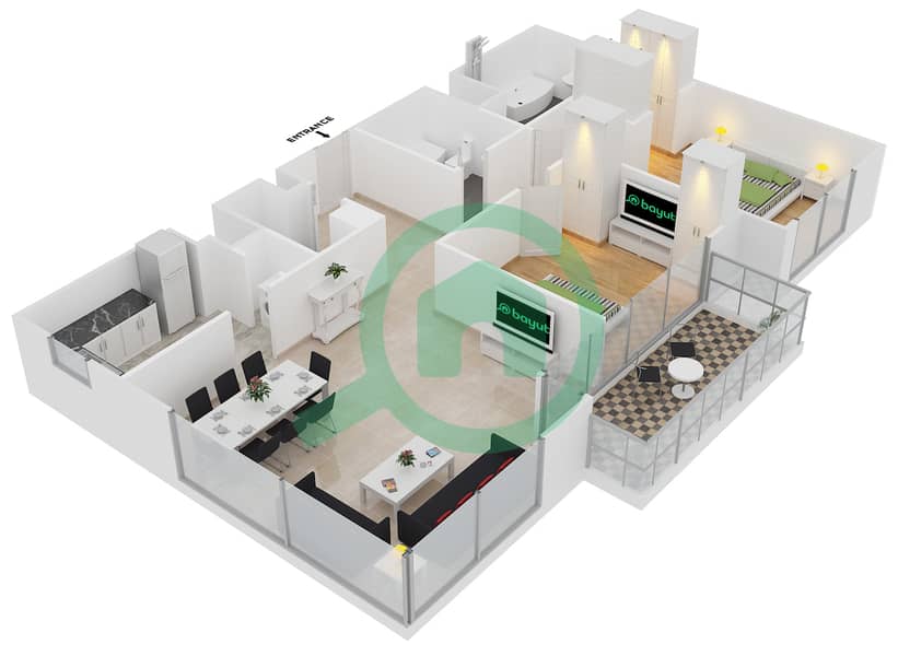 المخططات الطابقية لتصميم الوحدة 7 FLOOR 13-15 شقة 2 غرفة نوم - بوليفارد بوينت interactive3D