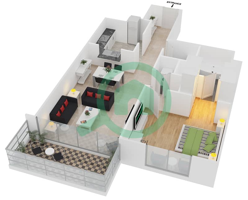 林荫道点大厦 - 1 卧室公寓单位7 FLOOR 16-26戶型图 interactive3D