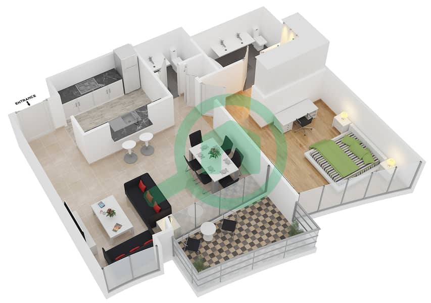 景观高塔B座 - 1 卧室公寓套房1 FLOOR 3-25戶型图 interactive3D