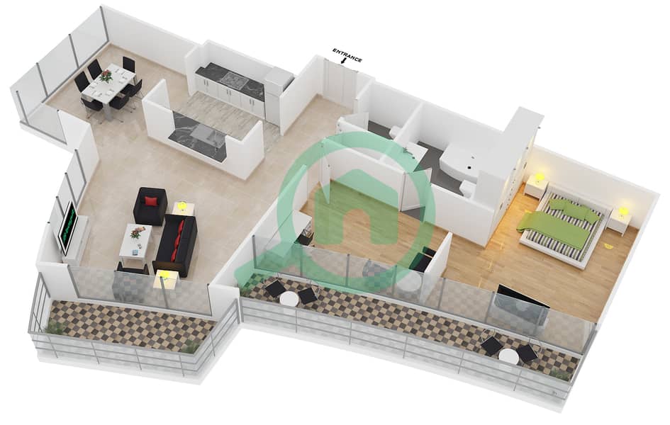 景观高塔B座 - 1 卧室公寓套房3 FLOOR 26-29戶型图 interactive3D