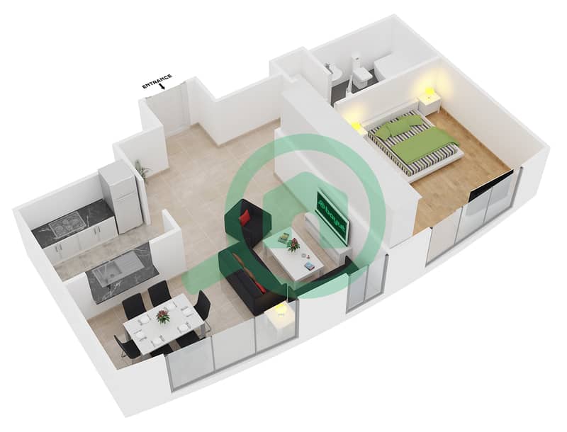 景观高塔B座 - 1 卧室公寓套房4 FLOOR 26-29戶型图 interactive3D