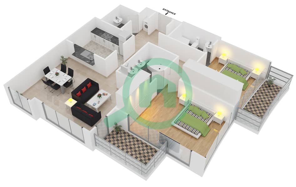 景观高塔B座 - 2 卧室公寓套房2 FLOOR 3-25戶型图 interactive3D