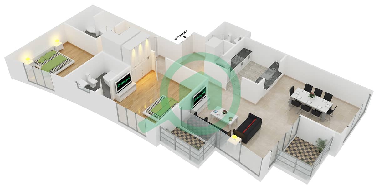 Бурдж Вьюс Б - Апартамент 2 Cпальни планировка Гарнитур, анфилиада комнат, апартаменты, подходящий 3 FLOOR 3-25 interactive3D