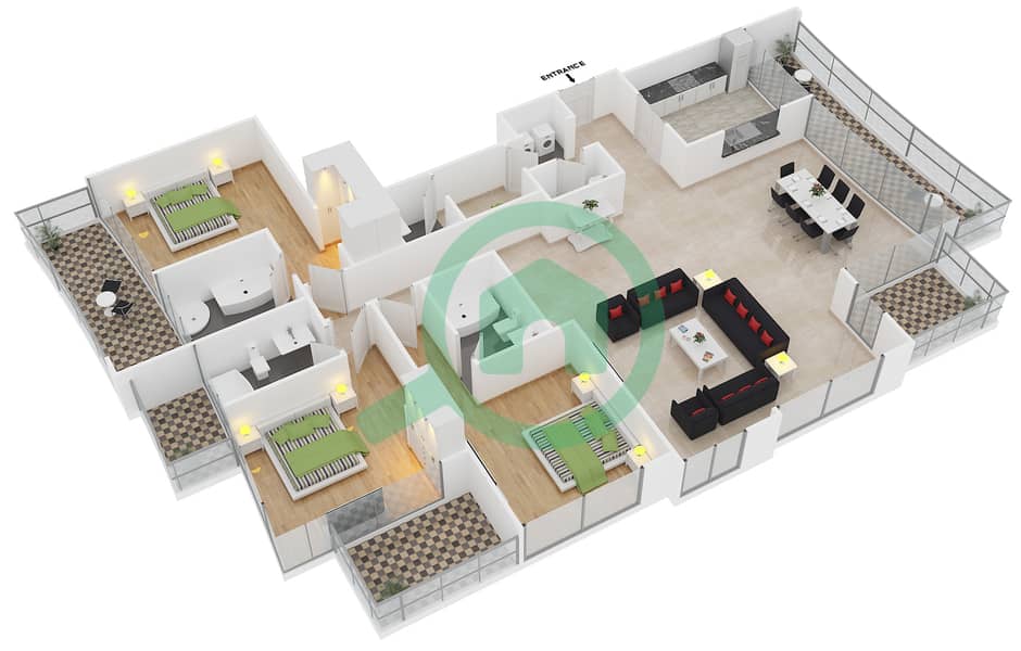 Бурдж Вьюс Б - Апартамент 3 Cпальни планировка Гарнитур, анфилиада комнат, апартаменты, подходящий 2 FLOOR 26-29 interactive3D