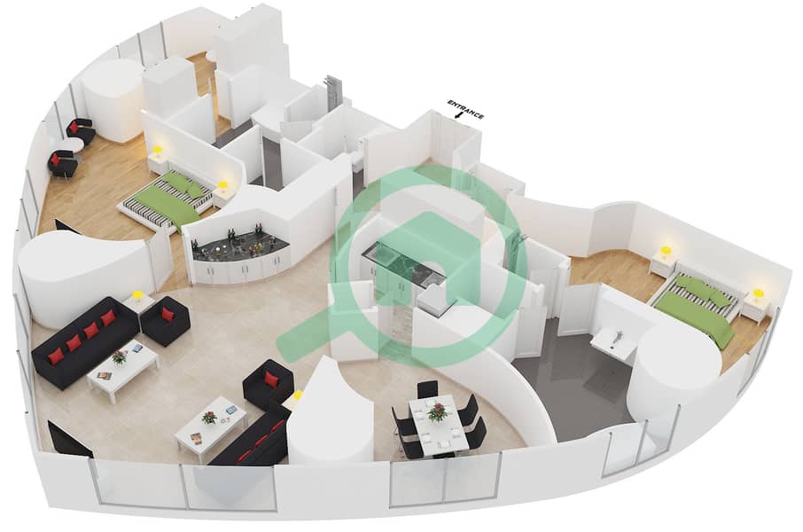 المخططات الطابقية لتصميم التصميم 9 شقة 2 غرفة نوم - فندق أرماني interactive3D