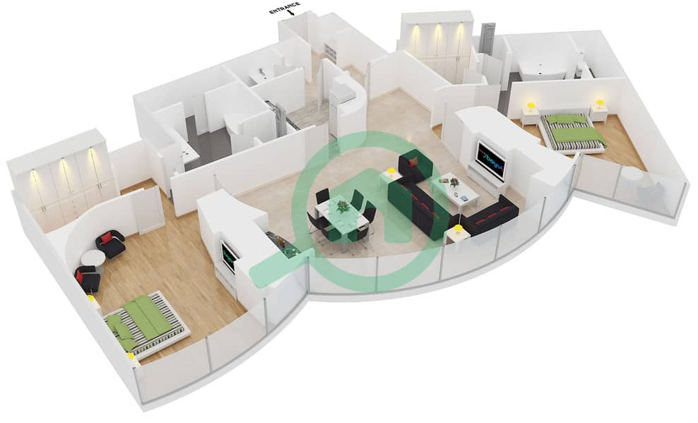 Отель Армани Дубай - Апартамент 2 Cпальни планировка Гарнитур, анфилиада комнат, апартаменты, подходящий 7 interactive3D