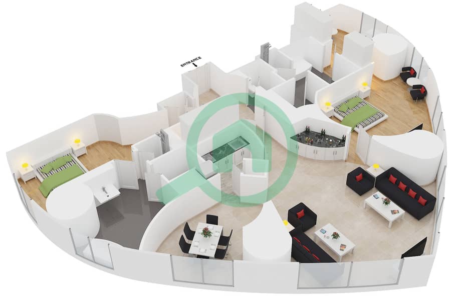 Отель Армани Дубай - Апартамент 2 Cпальни планировка Гарнитур, анфилиада комнат, апартаменты, подходящий 4 interactive3D