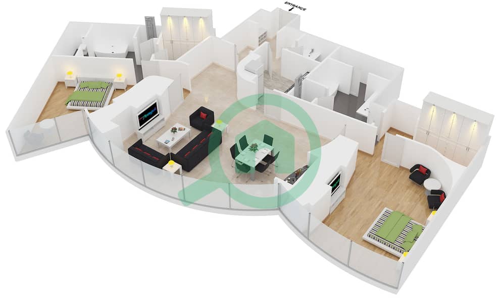 المخططات الطابقية لتصميم التصميم 6 شقة 2 غرفة نوم - فندق أرماني interactive3D