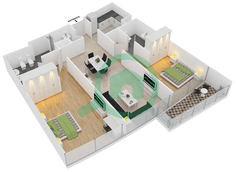 المخططات الطابقية لتصميم الوحدة 2,5 شقة 2 غرفة نوم - كمبينسكي ذا بوليفارد interactive3D
