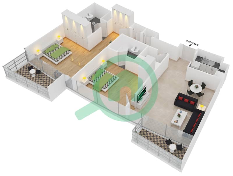 المخططات الطابقية لتصميم الوحدة 9-10 شقة 2 غرفة نوم - كمبينسكي ذا بوليفارد interactive3D