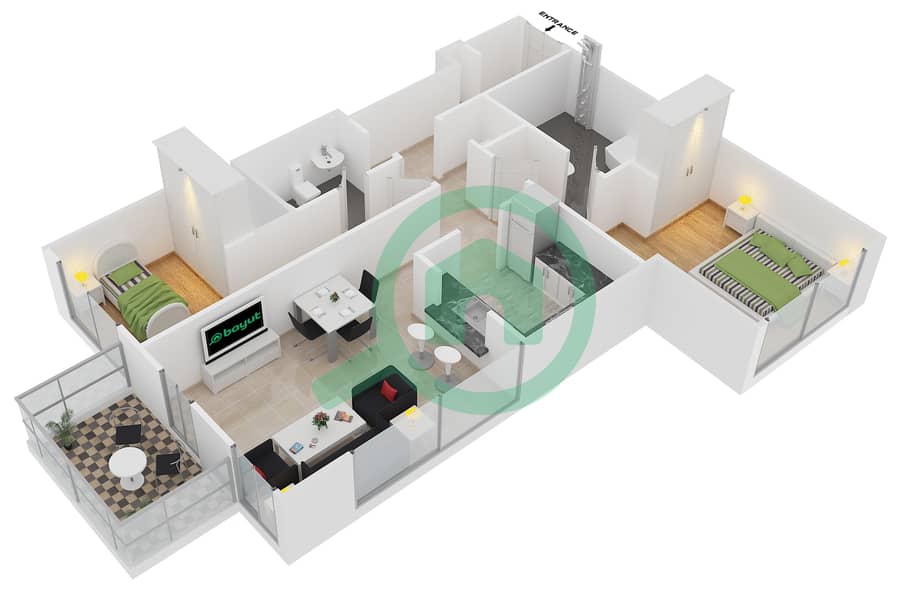 المخططات الطابقية لتصميم التصميم 4 FLOOR 34-42 شقة 2 غرفة نوم - 29 بوليفارد 1 interactive3D
