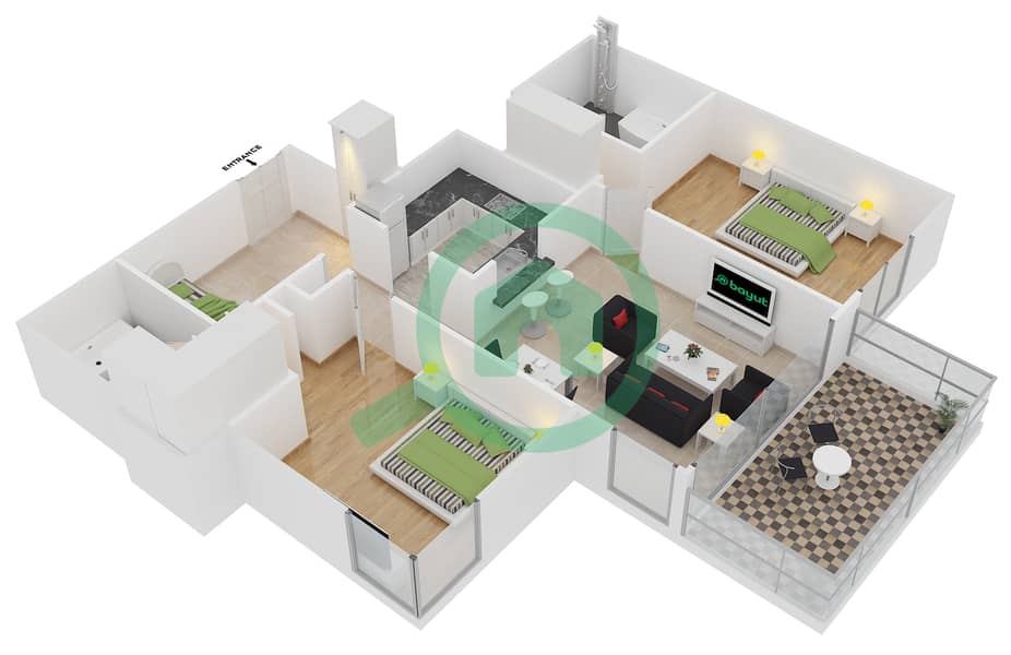 المخططات الطابقية لتصميم التصميم 6 FLOOR 29-32 شقة 2 غرفة نوم - 29 بوليفارد 1 interactive3D