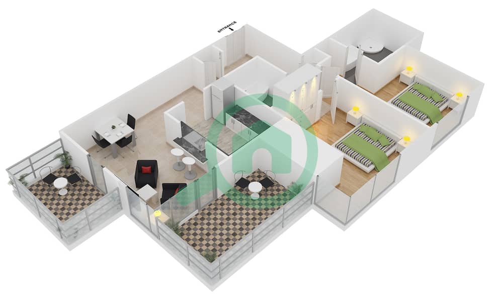 المخططات الطابقية لتصميم التصميم 7 FLOOR 25-28 شقة 2 غرفة نوم - 29 بوليفارد 1 interactive3D