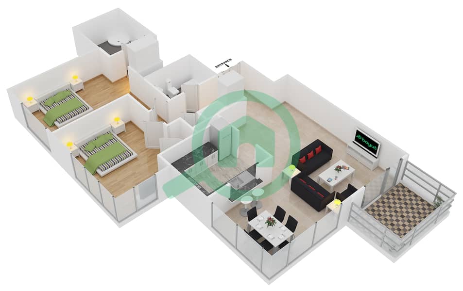 29大道1号塔楼 - 2 卧室公寓套房7,8戶型图 interactive3D
