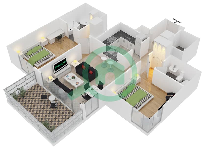 29 Бульвар 1 - Апартамент 2 Cпальни планировка Гарнитур, анфилиада комнат, апартаменты, подходящий 8,9 interactive3D