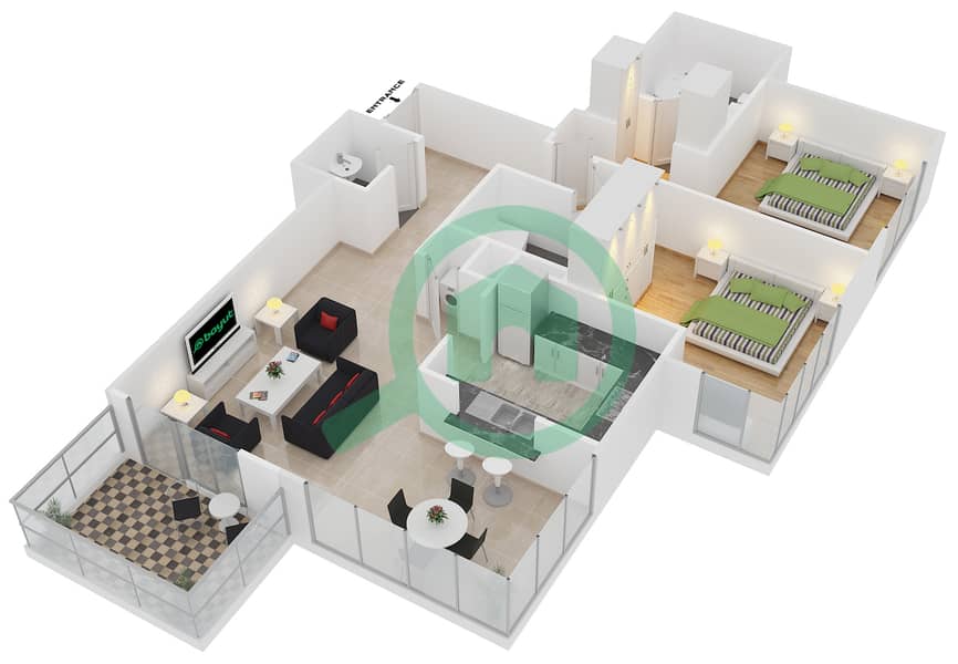 29大道1号塔楼 - 2 卧室公寓套房6,7戶型图 interactive3D