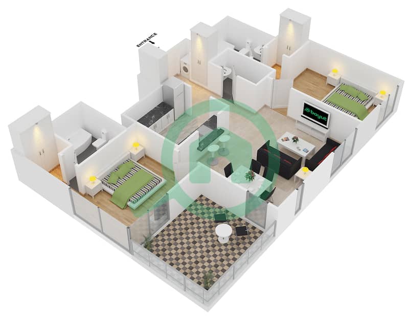 29大道1号塔楼 - 2 卧室公寓套房3戶型图 interactive3D