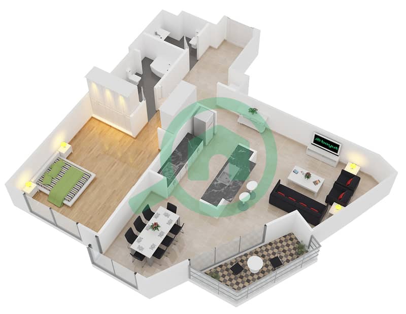 المخططات الطابقية لتصميم التصميم 4 شقة 1 غرفة نوم - برج فيوز C interactive3D