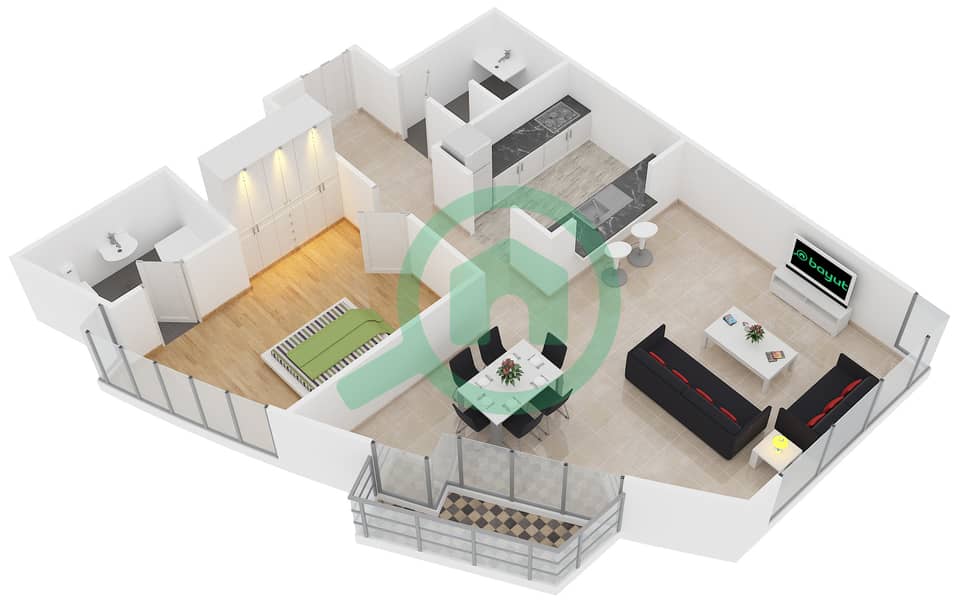 المخططات الطابقية لتصميم التصميم 5 شقة 1 غرفة نوم - برج فيوز C interactive3D
