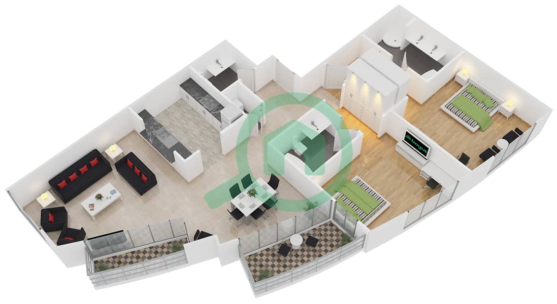 Бурдж Вьюс C - Апартамент 2 Cпальни планировка Гарнитур, анфилиада комнат, апартаменты, подходящий 1 interactive3D