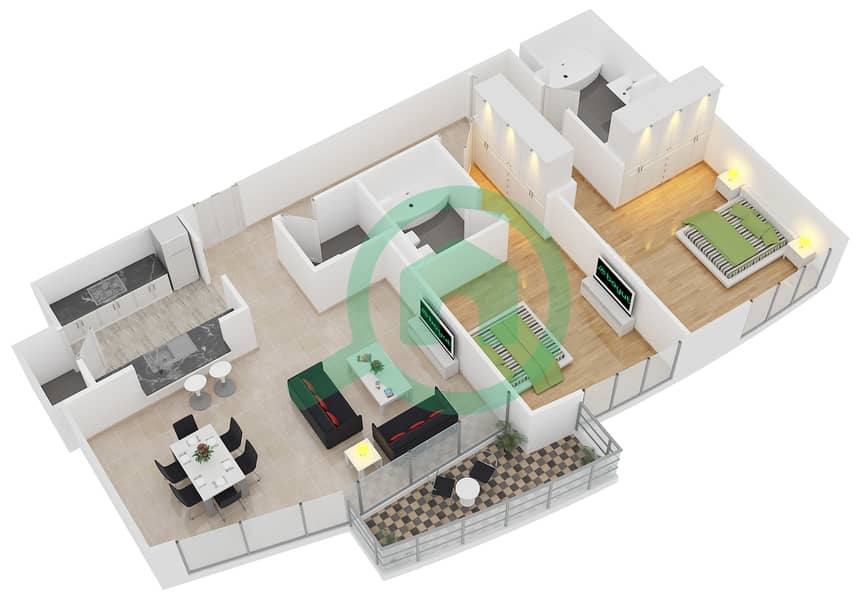 Бурдж Вьюс C - Апартамент 2 Cпальни планировка Гарнитур, анфилиада комнат, апартаменты, подходящий 3 interactive3D
