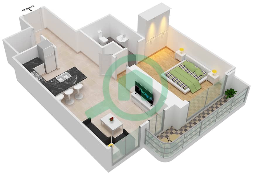 The Royal Oceanic - 1 Bedroom Apartment Type C Floor plan interactive3D