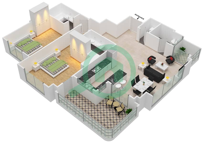المخططات الطابقية لتصميم النموذج D شقة 2 غرفة نوم - ذا رويال أوشيانيك interactive3D