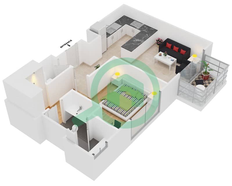 المخططات الطابقية لتصميم الوحدة 5 FLOOR 15-37 شقة 1 غرفة نوم - فندق جي دبليو ماريوت مارينا interactive3D