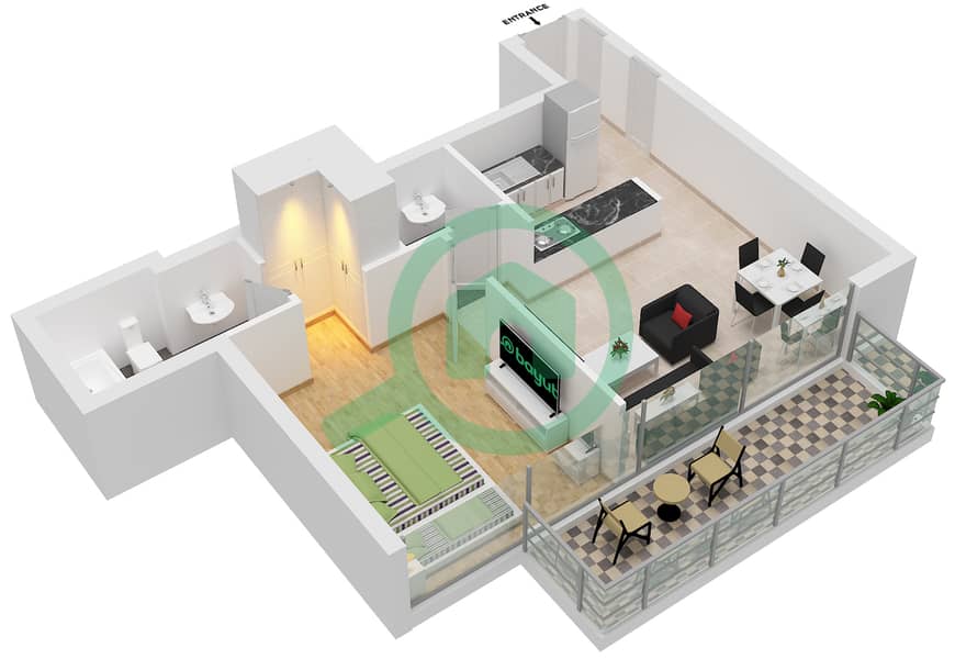 المخططات الطابقية لتصميم الوحدة 6 شقة 1 غرفة نوم - ويست أفينيو interactive3D