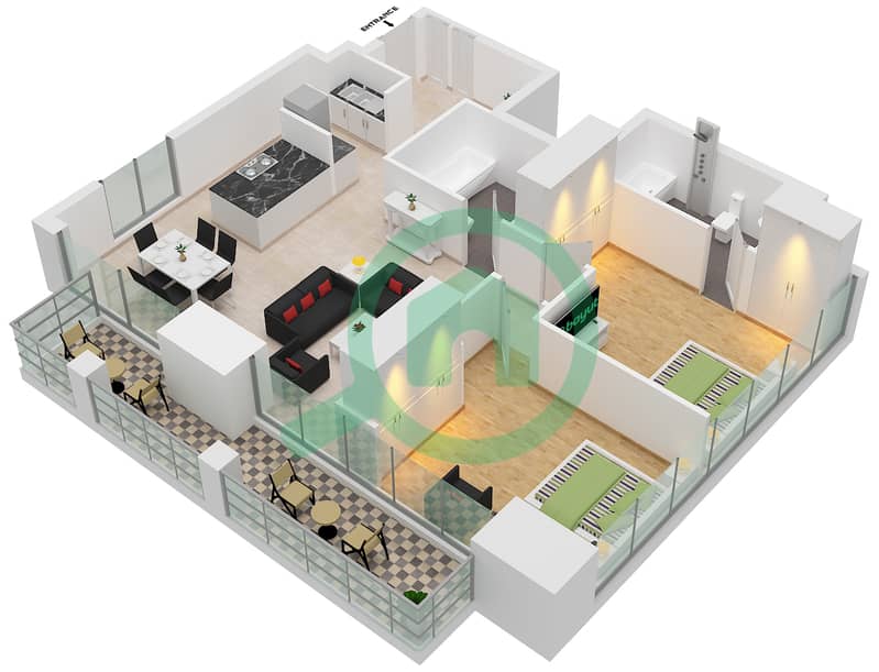 المخططات الطابقية لتصميم الوحدة 5 شقة 2 غرفة نوم - ويست أفينيو interactive3D