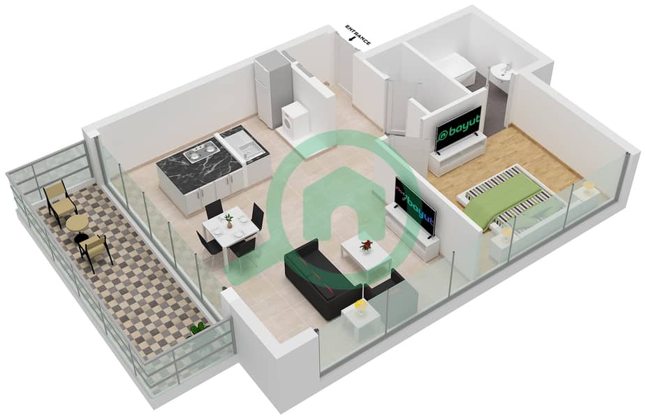 المخططات الطابقية لتصميم الوحدة 1 شقة 1 غرفة نوم - ويست أفينيو interactive3D