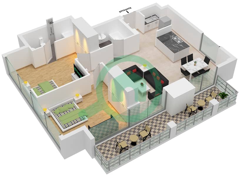 المخططات الطابقية لتصميم الوحدة 4 شقة 2 غرفة نوم - ويست أفينيو interactive3D
