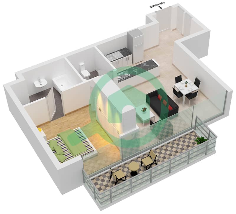 المخططات الطابقية لتصميم الوحدة 3 شقة 1 غرفة نوم - ويست أفينيو interactive3D