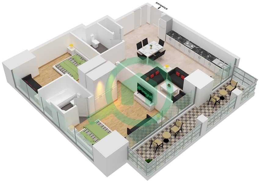 المخططات الطابقية لتصميم الوحدة 8 شقة 2 غرفة نوم - ويست أفينيو interactive3D