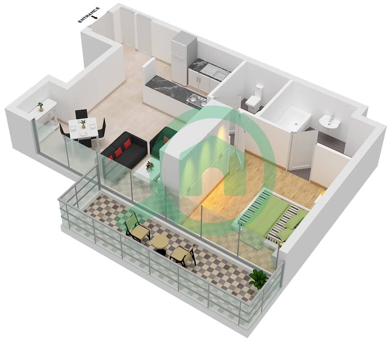 المخططات الطابقية لتصميم الوحدة 2 شقة 1 غرفة نوم - ويست أفينيو interactive3D