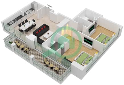 المخططات الطابقية لتصميم الوحدة 1 شقة 2 غرفة نوم - ويست أفينيو