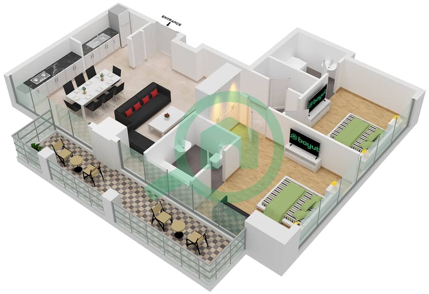 المخططات الطابقية لتصميم الوحدة 1 شقة 2 غرفة نوم - ويست أفينيو interactive3D