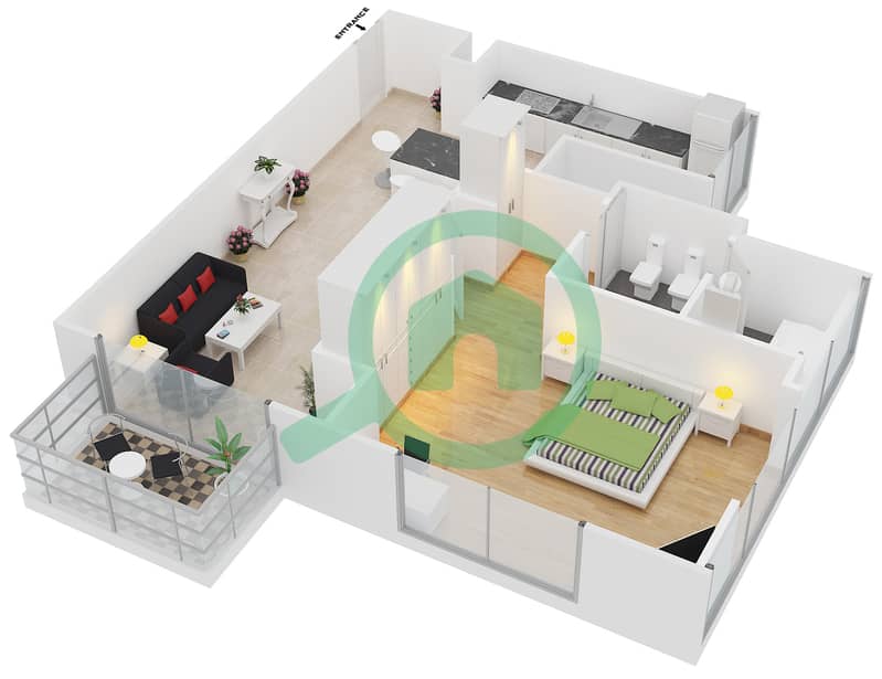 المخططات الطابقية لتصميم الوحدة 17 FLOOR 15-37 شقة 1 غرفة نوم - فندق جي دبليو ماريوت مارينا interactive3D