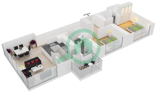 المخططات الطابقية لتصميم الوحدة 11 FLOOR 15-37 شقة 2 غرفة نوم - فندق جي دبليو ماريوت مارينا