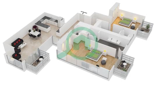 المخططات الطابقية لتصميم الوحدة 19 FLOOR 15-37 شقة 2 غرفة نوم - فندق جي دبليو ماريوت مارينا