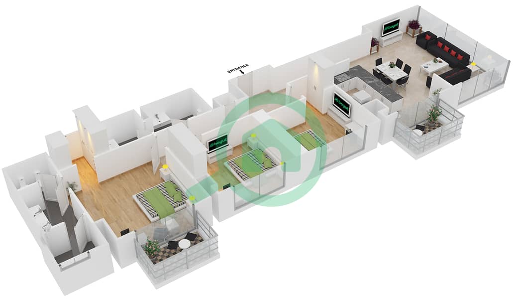 المخططات الطابقية لتصميم الوحدة 12 FLOOR 15-37 شقة 3 غرف نوم - فندق جي دبليو ماريوت مارينا interactive3D