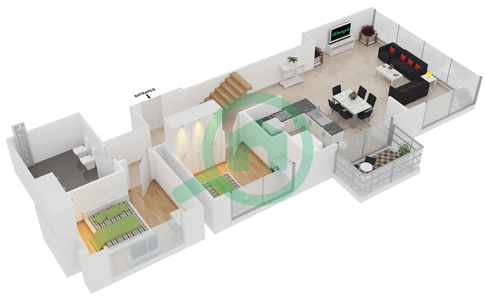 JW Marriott Hotel Marina - 1 Bedroom Apartment Unit 12A-12B FLOOR 37 Floor plan interactive3D