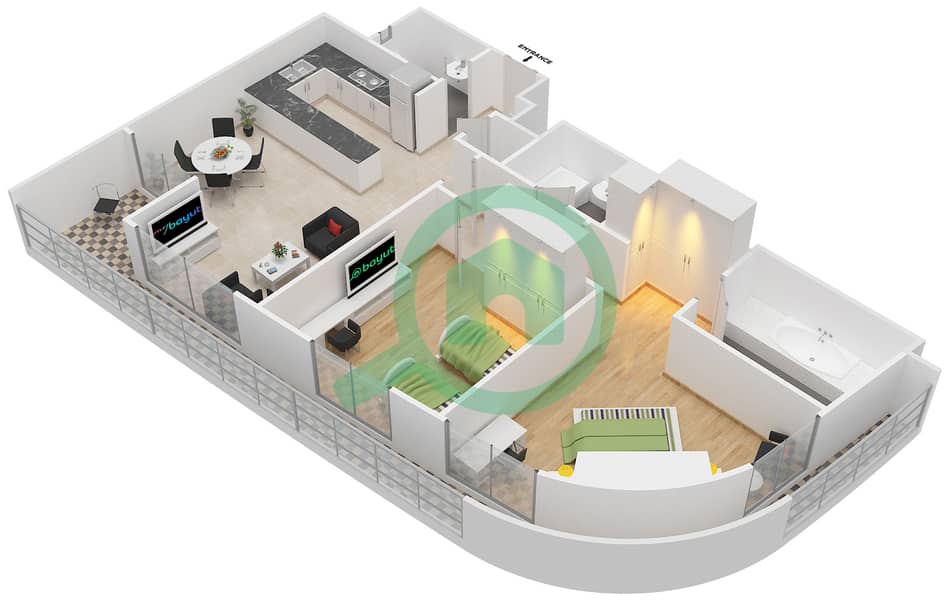 大都会酒店 - 2 卧室公寓类型2戶型图 interactive3D